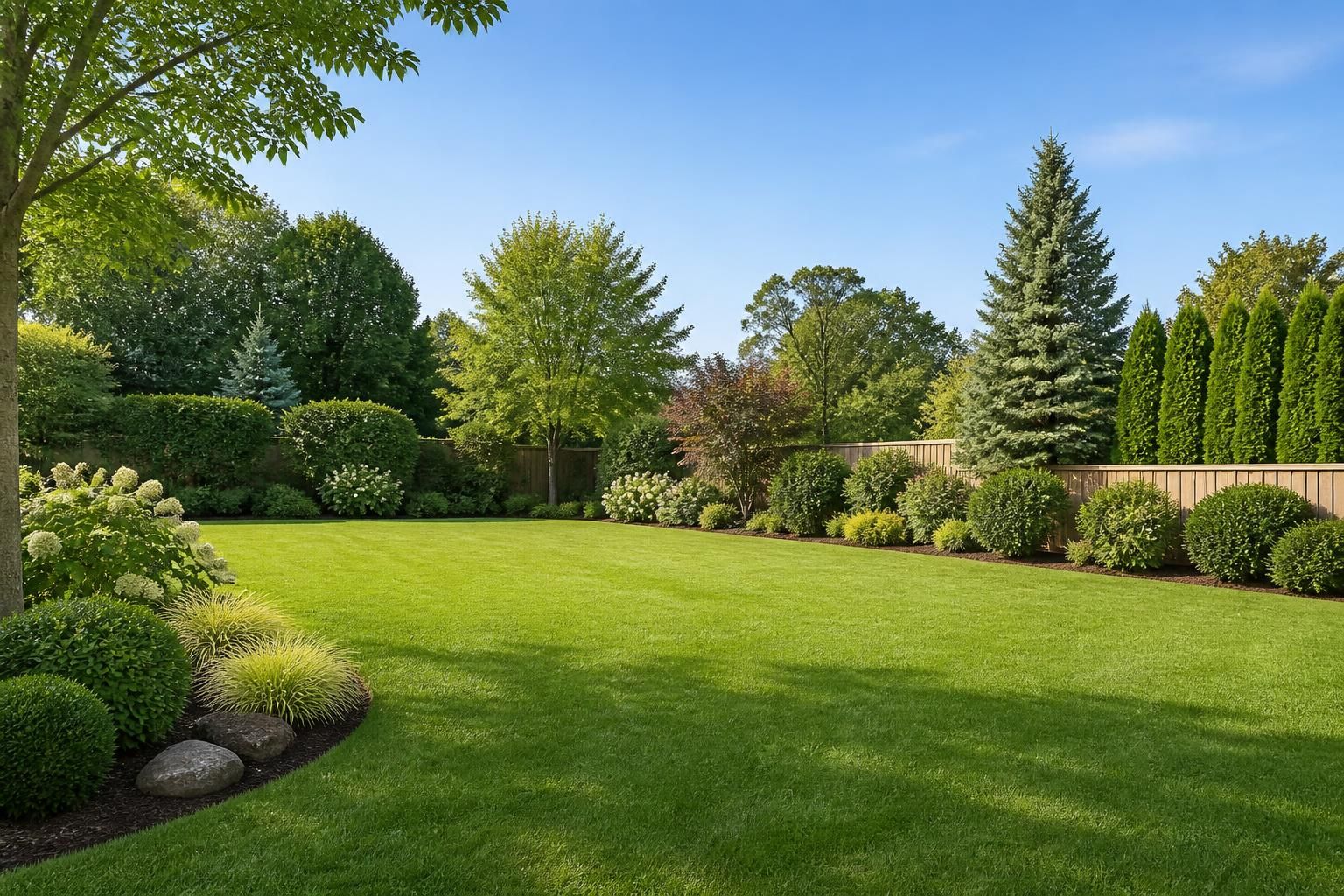 Beautifully maintained backyard landscape with open lawn and sculpted shrubs.