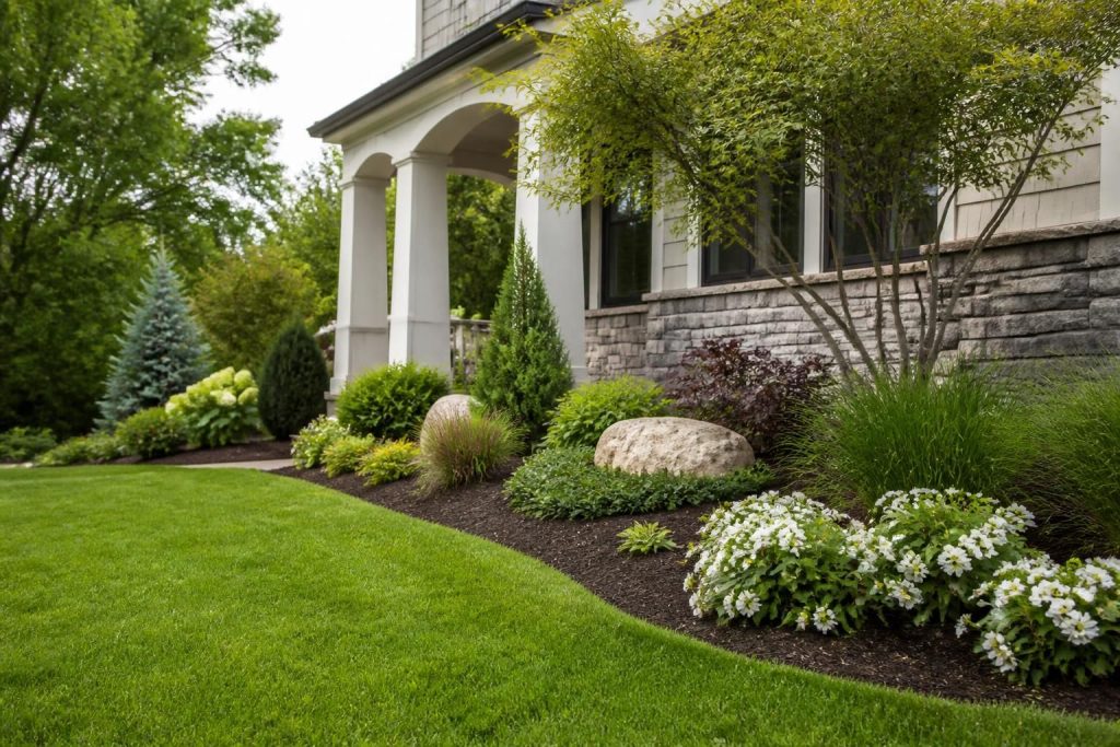 Finished residential landscape with trimmed shrubs, mulch, and a green lawn.