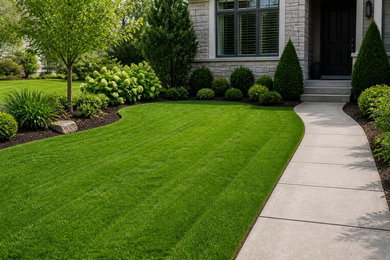 Lush evenly cut lawn with crisp edges along a walkway.