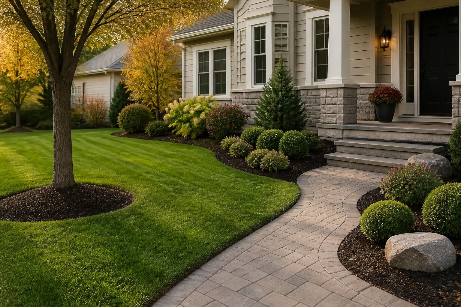 Tidy yard with cleared leaves and refreshed garden beds.