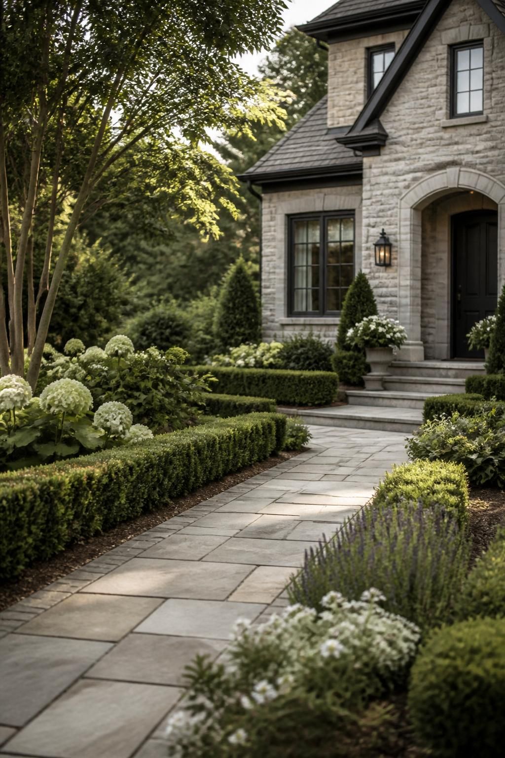 Landscaped front yard with hedges, planting beds, and a stone walkway.